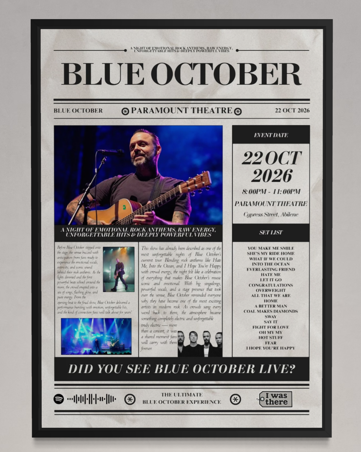 Blue October - Personalised Newspaper Style Concert Poster (USA Tour)