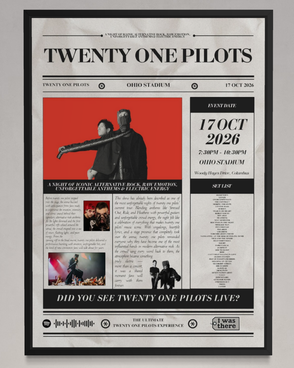 Twenty One Pilots - Personalised Newspaper Style Concert Poster (USA Tour)