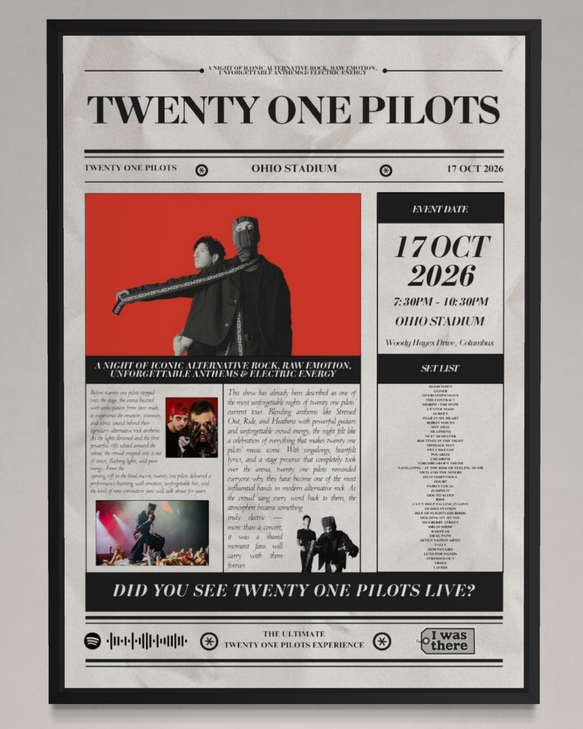 Twenty One Pilots - Personalised Newspaper Style Concert Poster (USA Tour)