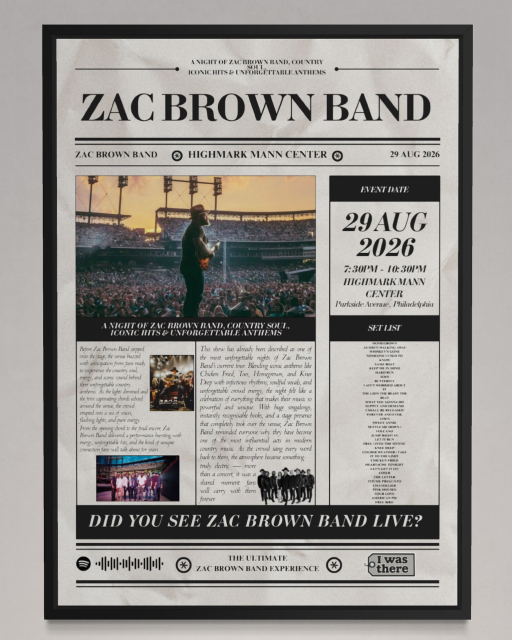 Zac Brown Band - Personalised Newspaper Style Concert Poster (USA Tour)