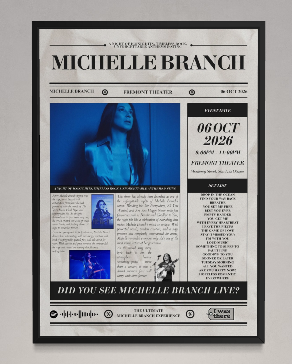 Michelle Branch - Personalised Newspaper Style Concert Poster (USA Tour)