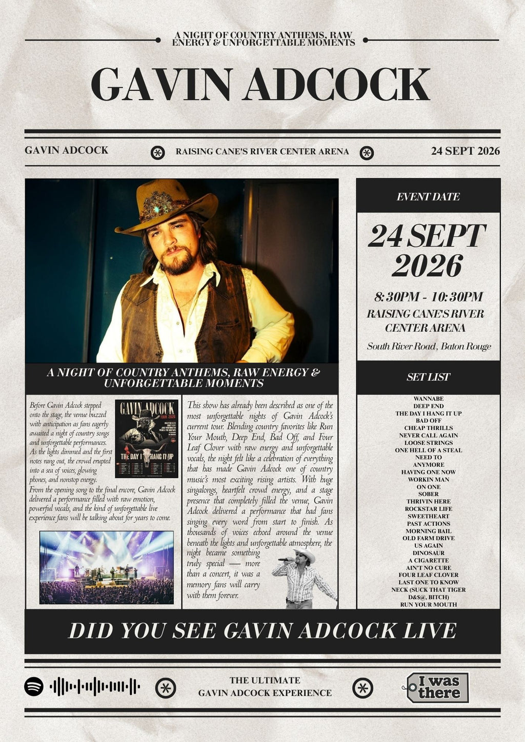 Gavin Adcock - Personalised Newspaper Style Concert Poster (USA Tour)