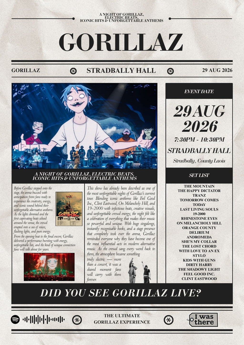 Gorillaz - Personalised Newspaper Style Concert Poster (USA Tour)