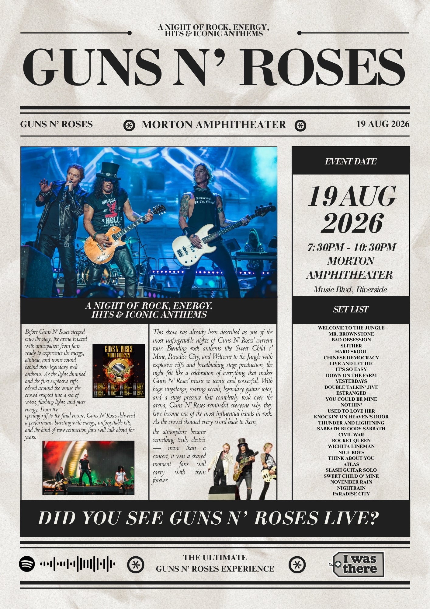 Guns N'Roses - Personalised Newspaper Style Concert Poster (USA Tour)