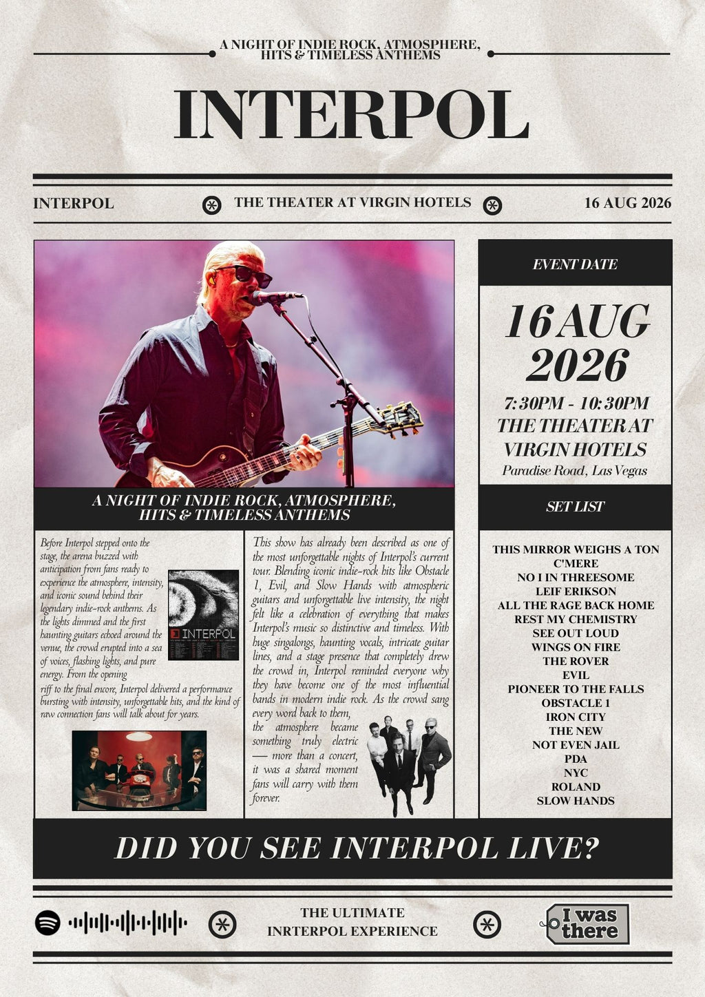 Interpol - Personalised Newspaper Style Concert Poster (USA Tour)