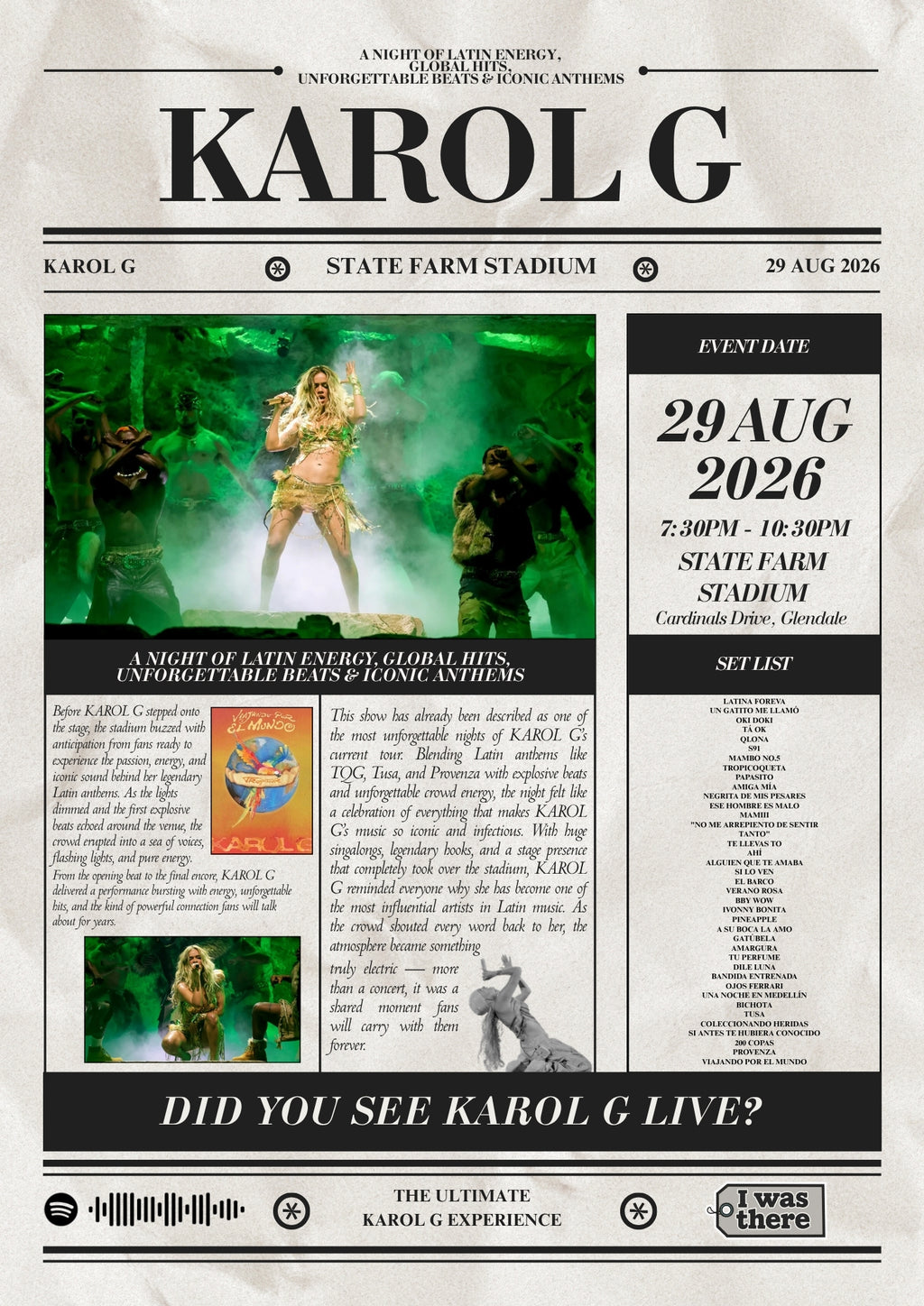 Karol G - Personalised Newspaper Style Concert Poster (USA Tour)