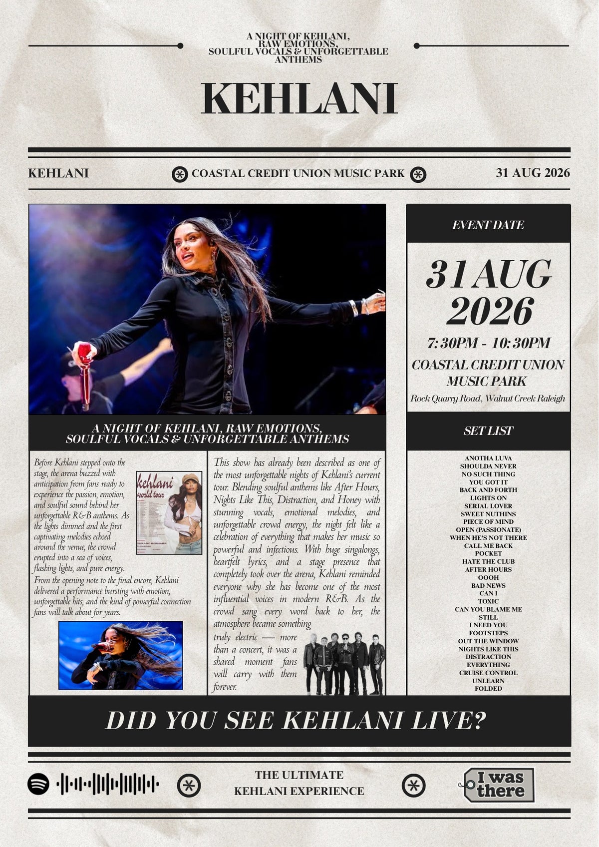 Kehlani - Personalised Newspaper Style Concert Poster (USA Tour)