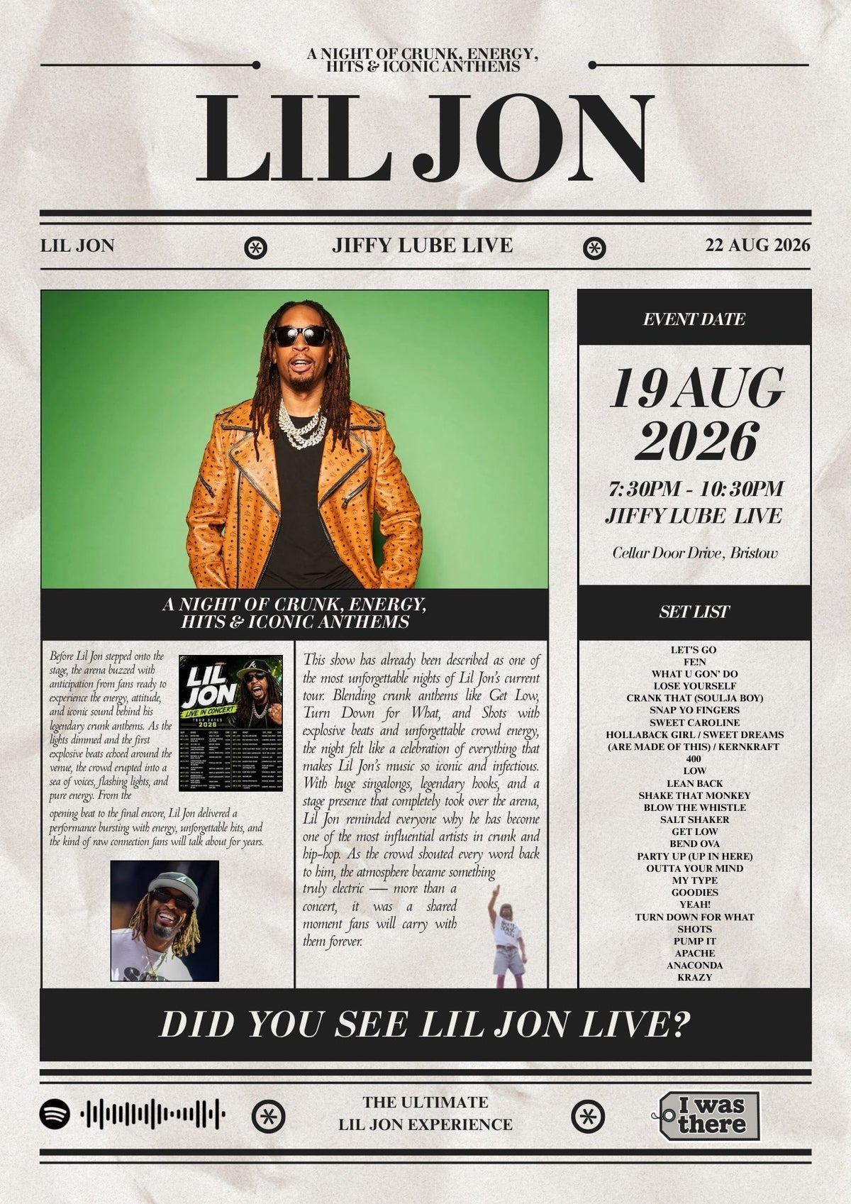Lil Jon - Personalised Newspaper Style Concert Poster (USA Tour)