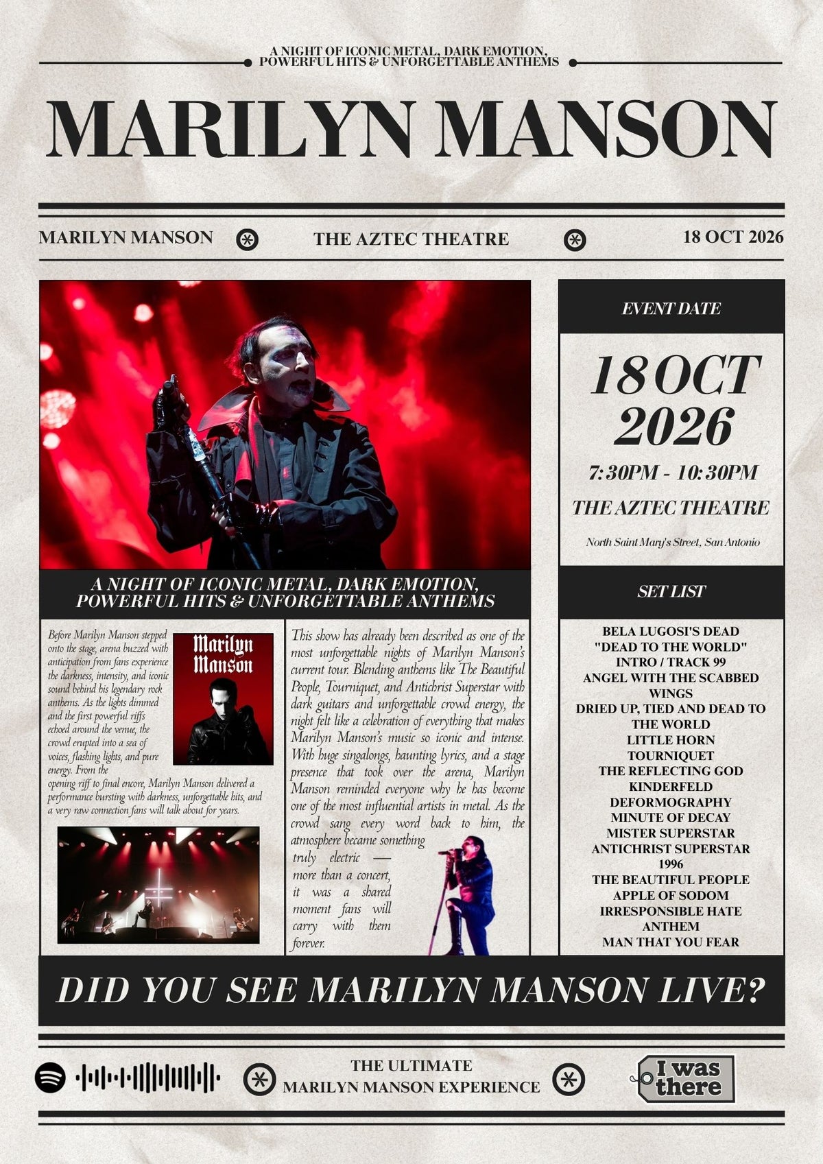 Marilyn Manson - Personalised Newspaper Style Concert Poster (USA Tour)
