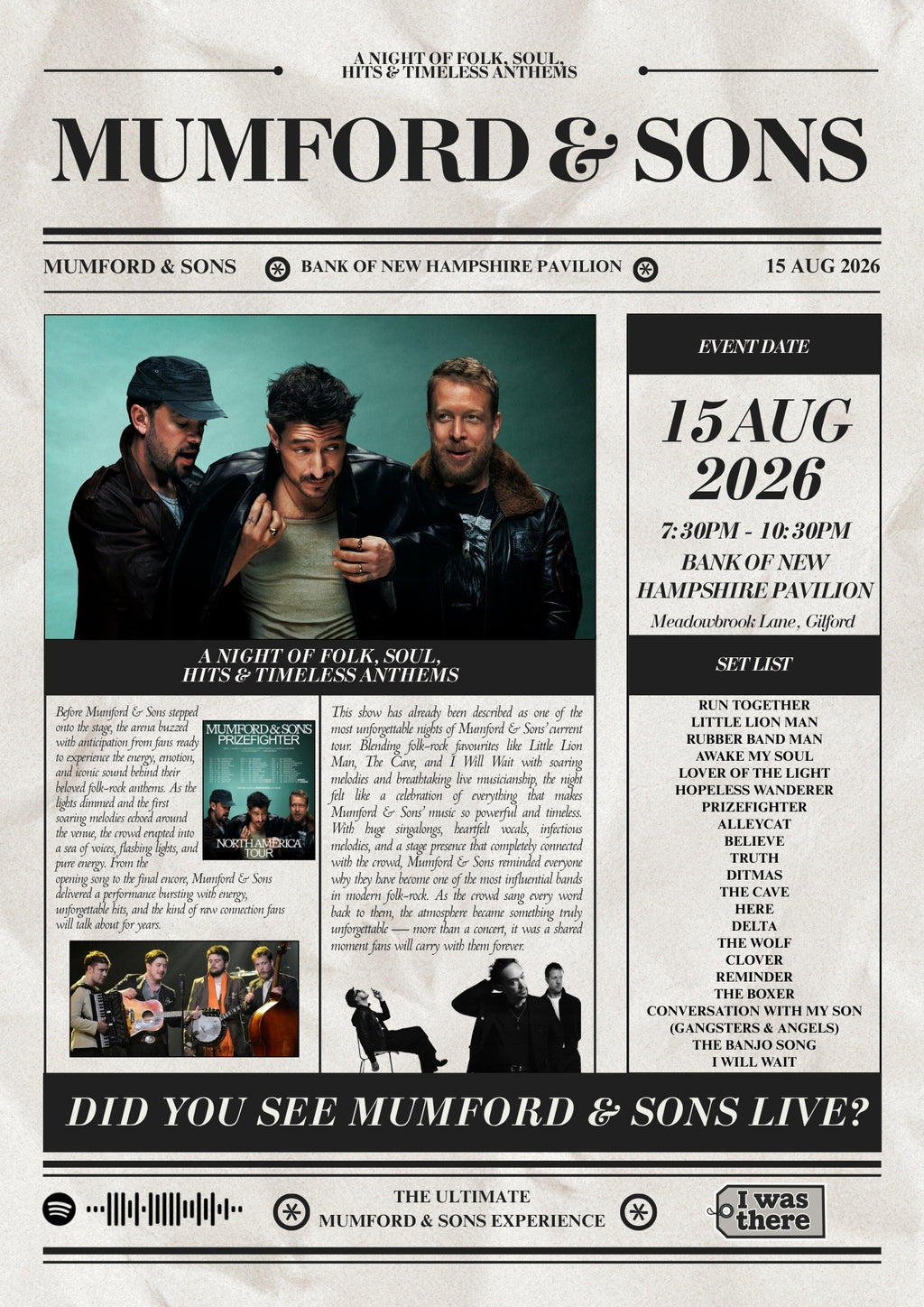 Mumford & Sons - Personalised Newspaper Style Concert Poster (USA Tour)