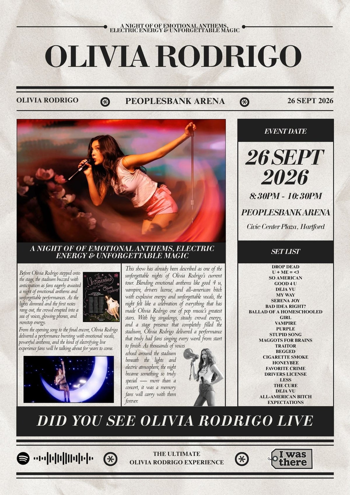 Olivia Rodrigo - Personalised Newspaper Style Concert Poster (USA Tour)