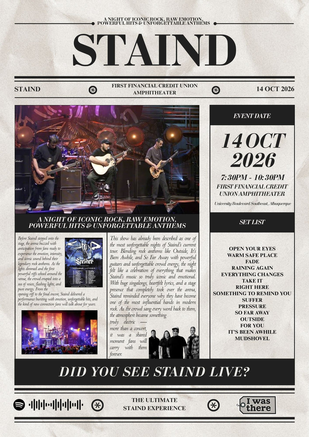 Staind - Personalised Newspaper Style Concert Poster (USA Tour)