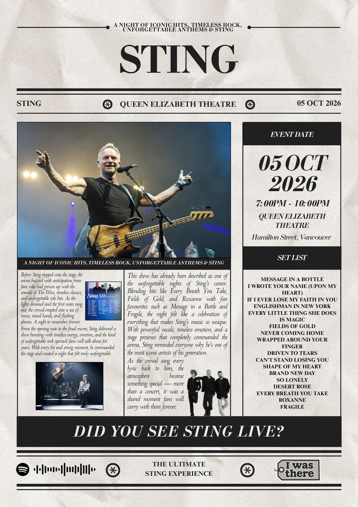 Sting - Personalised Newspaper Style Concert Poster (USA Tour)