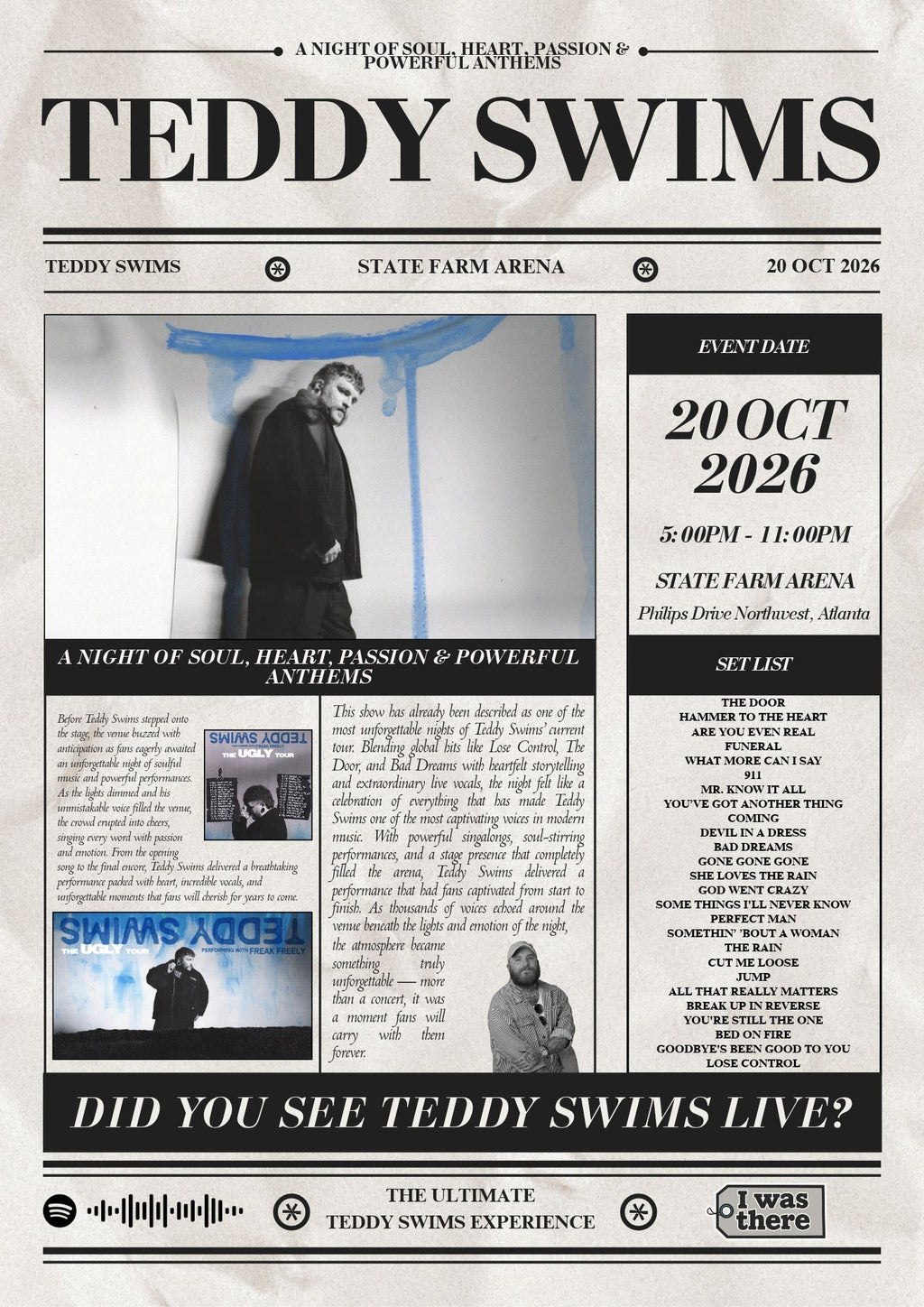 Teddy Swims - Personalised Newspaper Style Concert Poster (USA Tour)
