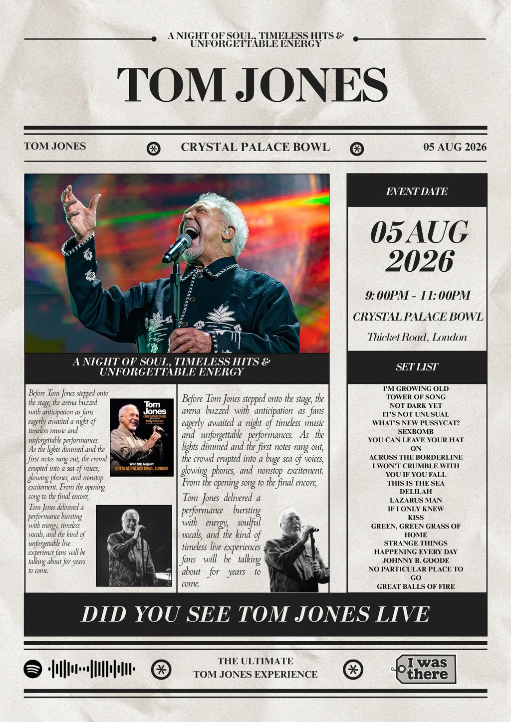 Tom Jones - Personalised Newspaper Style Concert Poster (USA Tour)