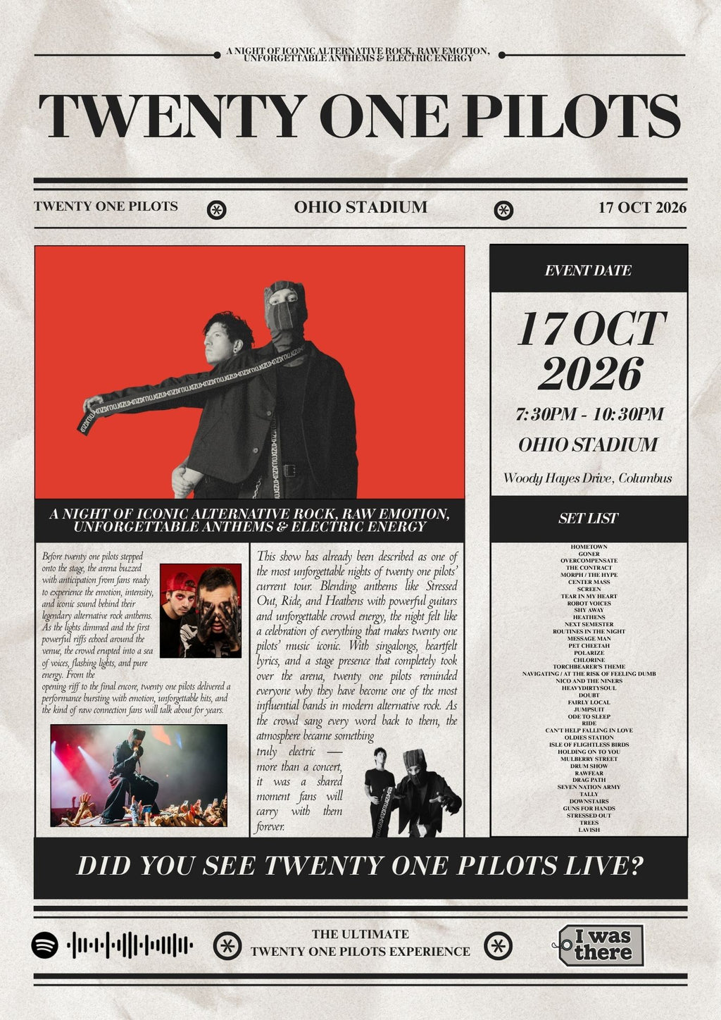 Twenty One Pilots - Personalised Newspaper Style Concert Poster (USA Tour)
