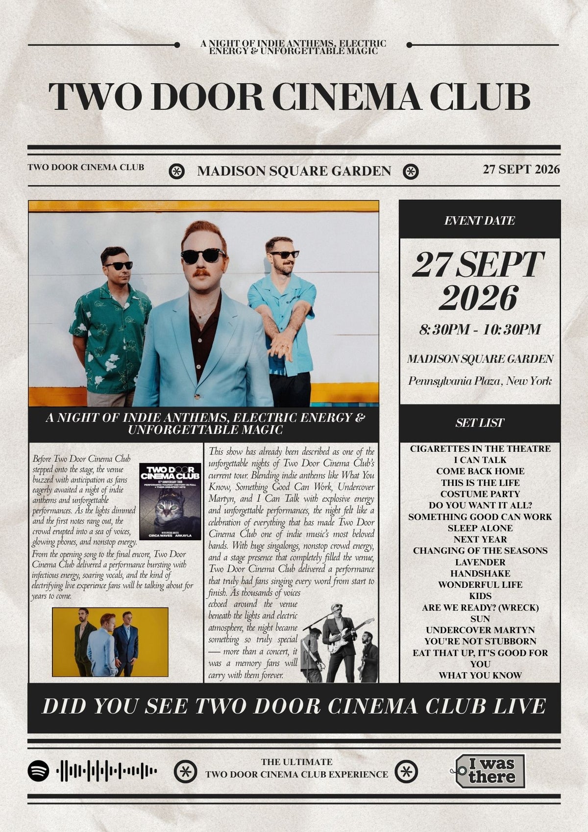 Two Door Cinema Club - Personalised Newspaper Style Concert Poster (USA Tour)