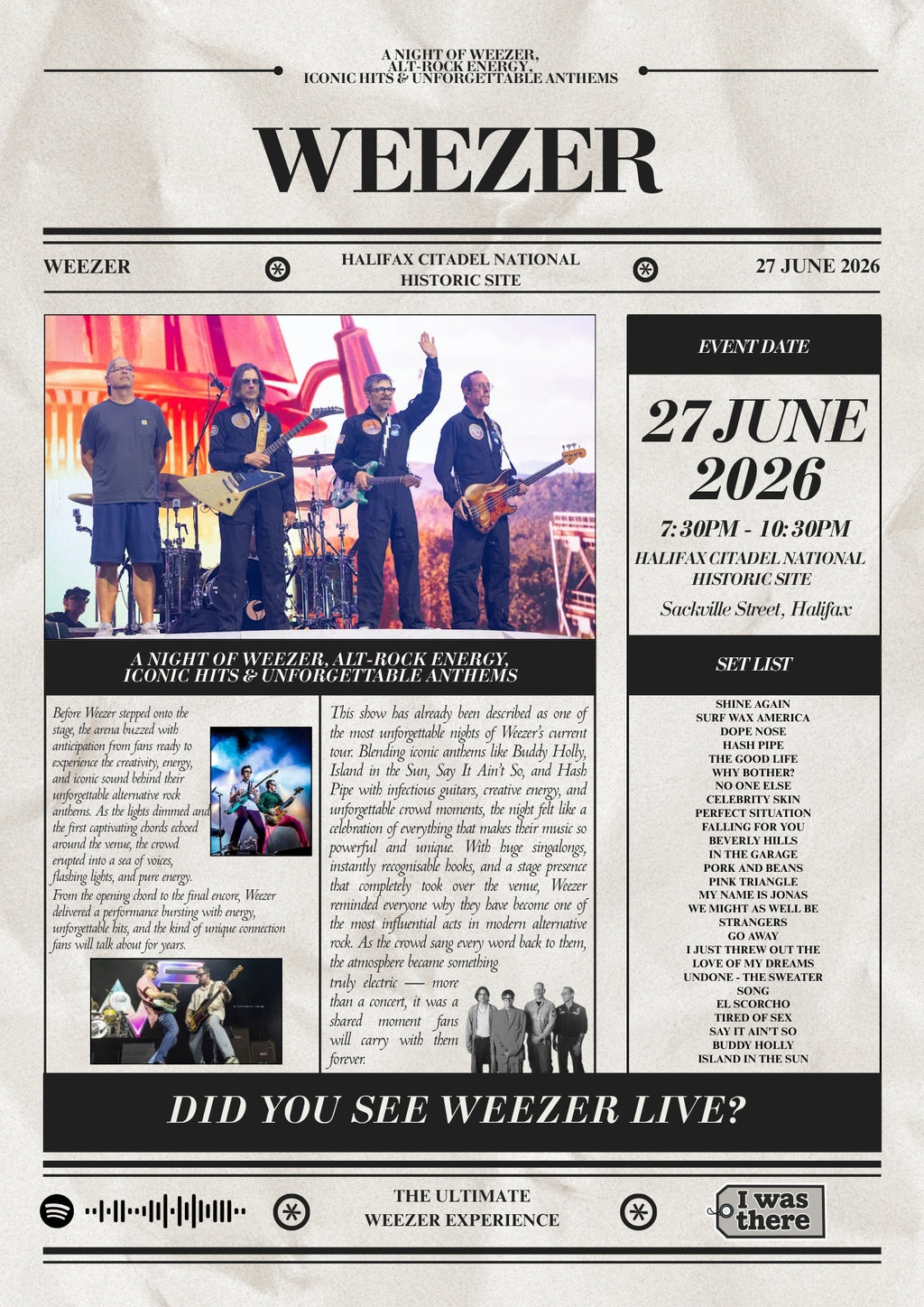 Weezer - Personalised Newspaper Style Concert Poster (USA Tour)