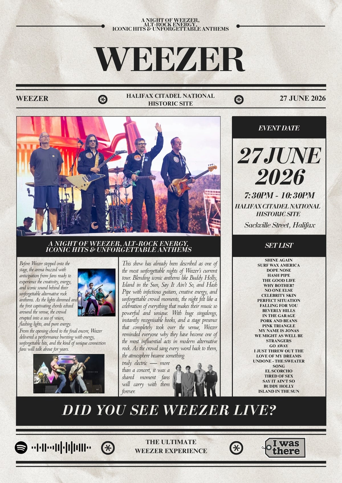 Weezer - Personalised Newspaper Style Concert Poster (USA Tour)