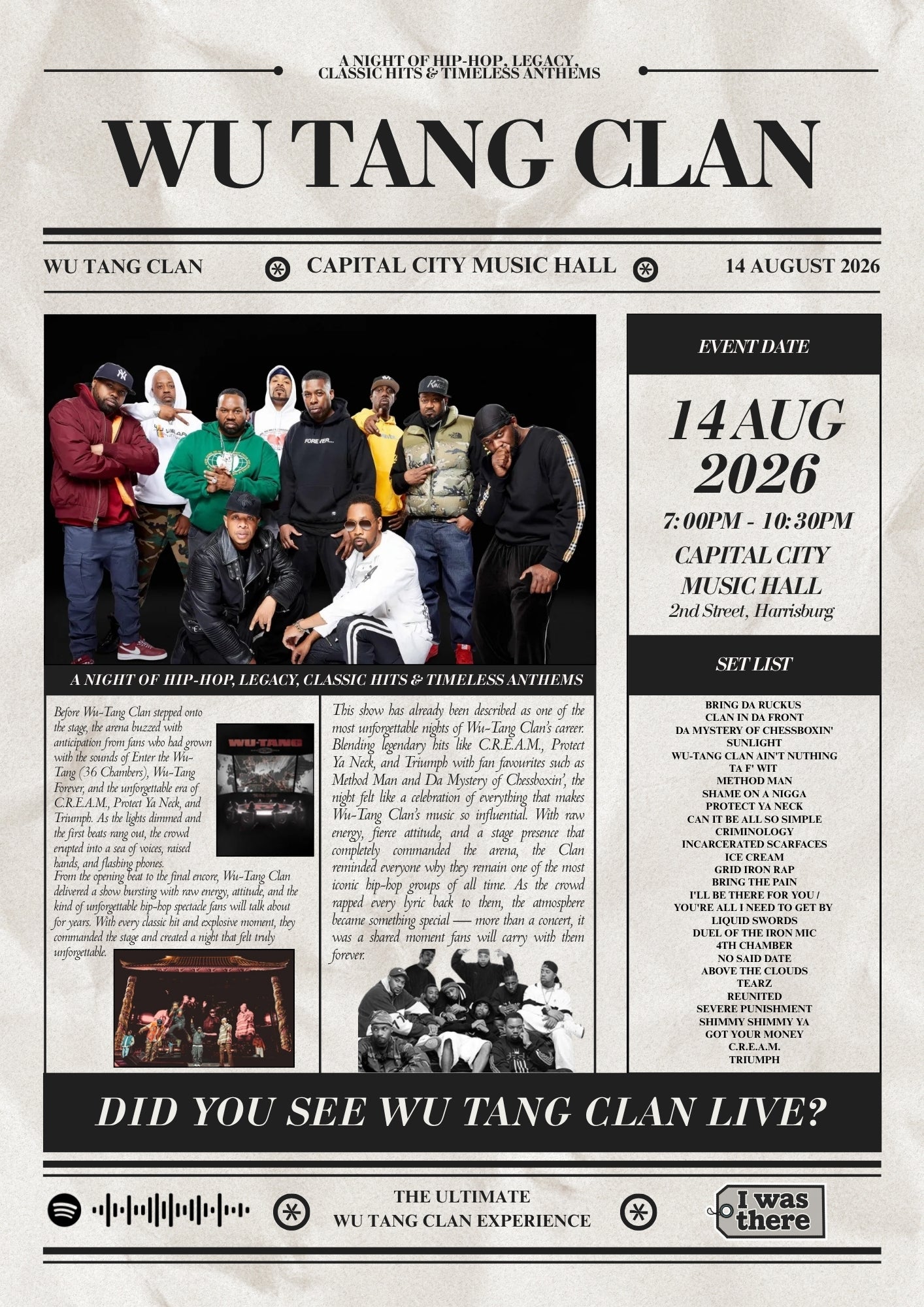 Wu Tang Clan - Personalised Newspaper Style Concert Poster (USA Tour)