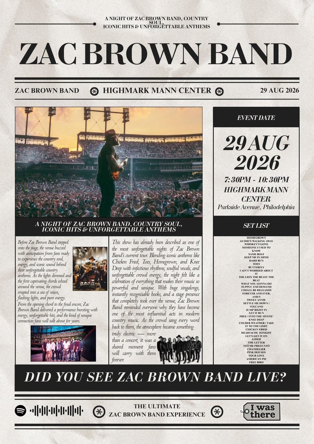Zac Brown Band - Personalised Newspaper Style Concert Poster (USA Tour)